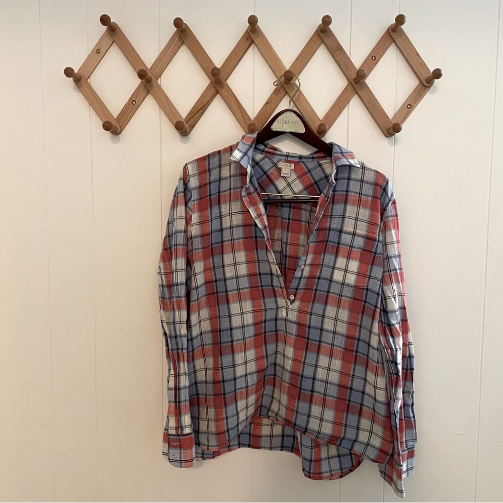 Blue red plaid j. Crew long sleeve collared button down pop over Henley